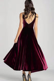 Vestido formal de terciopelo con escote en V con tirantes de espagueti burdeos