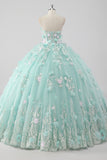 Vestido de fiesta de la princesa menta Vestido de quinceañera de tul sin tirantes con flores 3D