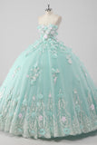 Vestido de fiesta de la princesa menta Vestido de quinceañera de tul sin tirantes con flores 3D