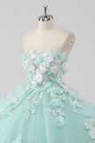 Vestido de fiesta de la princesa menta Vestido de quinceañera de tul sin tirantes con flores 3D