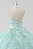 Vestido de fiesta de la princesa menta Vestido de quinceañera de tul sin tirantes con flores 3D