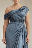 Vestido de la madre de la novia de satín de un solo hombro de talla grande talla grande gris azul