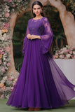 Elegante vestido madre de manga chal morado de una línea con apliques