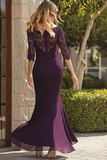 Vestido sirena de gasa de encaje morado oscuro con mangas 3/4