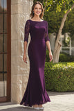 Vestido sirena de gasa de encaje morado oscuro con mangas 3/4