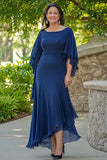 Vestido Sirena Azul Marino Volante Fluido Mangas 3/4 Gasa Madre de la Novia
