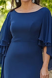 Vestido Sirena Azul Marino Volante Fluido Mangas 3/4 Gasa Madre de la Novia