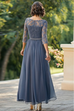 Top de encaje azul empolvado de manga 3/4 con mangas A de gasa Vestido largo de la madre de la novia