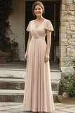 Elegante vestido de gasa con cuello en V champán madre de la novia con mangas cortas