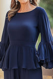Trajes Pantalón Madre de la Novia de Manga Larga de Gasa Azul Marino con Volantes
