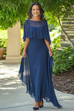 Vaina de gasa azul marino Vestido largo madre de la novia con capa