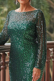 Lentejuelas verdes Vaina cuello redondo Mangas largas Vestido largo madre de la novia
