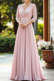 Elegante vestido de gasa de encaje rosa madre de la novia con mangas 3/4