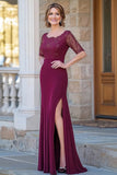 Elegante vestido de novia con apliques de encaje burdeos madre con abertura