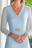 Gasa de encaje azul cielo A Line V con escote en V Vestido de la madre de la novia con cinturón