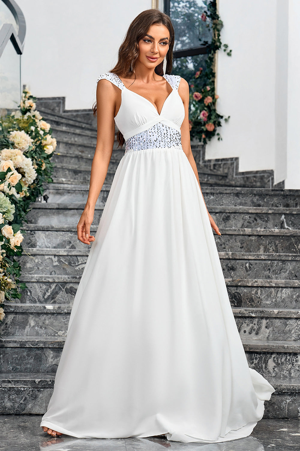 Vestido de fiesta largo blanco de lentejuelas con tirantes finos de línea A