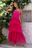 Tirantes de espagueti fucsia Vestido formal de tul escalonado con corsé largo