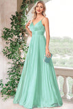 Vestido formal largo plisado con tirantes de espagueti fucsia brillante