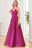 Vestido formal largo plisado con tirantes de espagueti fucsia brillante