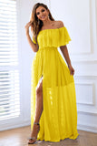 Vestido formal largo amarillo con volantes y aberturas en línea A