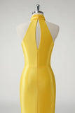 Vestido de fiesta largo de satén halter de sirena amarillo