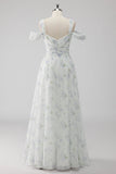 Vestido de invitada de boda de línea A con abertura Floral blanco con hombro frío