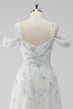 Vestido de invitada de boda de línea A con abertura Floral blanco con hombro frío