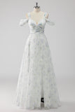 Vestido de invitada de boda de línea A con abertura Floral blanco con hombro frío