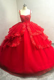 Vestido de Fiesta Rojo Brillante Vestido de Quinceañera con Cuentas con Tirantes de Espagueti con Apliques