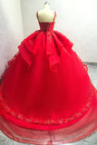 Vestido de Fiesta Rojo Brillante Vestido de Quinceañera con Cuentas con Tirantes de Espagueti con Apliques