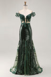 Chia Verde Oscuro Vestido de Fiesta Largo de Lenjuelas de Sirena con Hombros Descubiertos con Bordado
