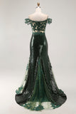Chia Verde Oscuro Vestido de Fiesta Largo de Lenjuelas de Sirena con Hombros Descubiertos con Bordado