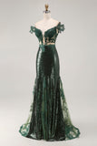 Chia Verde Oscuro Vestido de Fiesta Largo de Lenjuelas de Sirena con Hombros Descubiertos con Bordado