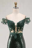 Chia Verde Oscuro Vestido de Fiesta Largo de Lenjuelas de Sirena con Hombros Descubiertos con Bordado