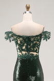 Chia Verde Oscuro Vestido de Fiesta Largo de Lenjuelas de Sirena con Hombros Descubiertos con Bordado