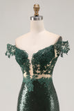 Chia Verde Oscuro Vestido de Fiesta Largo de Lenjuelas de Sirena con Hombros Descubiertos con Bordado