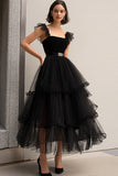 Tirantes de espagueti de tul negro Vestido formal de una línea