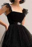 Tirantes de espagueti de tul negro Vestido formal de una línea