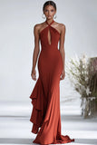 Halter Terracota Gasa Volantes Vaina Vestido Gala Rojo