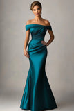 Sirena azul pavo real con hombros descubiertos Vestido formal de satén fruncido