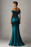 Sirena azul pavo real con hombros descubiertos Vestido formal de satén fruncido
