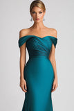 Sirena Con Hombros Descubiertos Pavo Real Azul Satén Vestido Formal Largo Fruncido