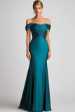 Sirena Con Hombros Descubiertos Pavo Real Azul Satén Vestido Formal Largo Fruncido