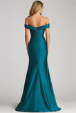 Sirena Con Hombros Descubiertos Pavo Real Azul Satén Vestido Formal Largo Fruncido