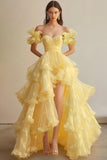 Vestido formal de organza de manga corta con cuello barco amarillo y dobladillo A grande