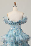 Vestido de fiesta con volantes azul floral con hombros descubiertos