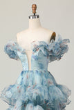 Vestido de fiesta con volantes azul floral con hombros descubiertos