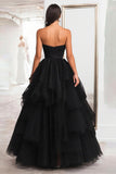 Vestido de fiesta largo fruncido fruncido de tul sin tirantes negro princesa