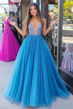 Princesa Azul Brillante Vestido de Fiesta Largo de Tul de Lentejuelas con Cuello en V