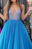 Princesa Azul Brillante Vestido de Fiesta Largo de Tul de Lentejuelas con Cuello en V